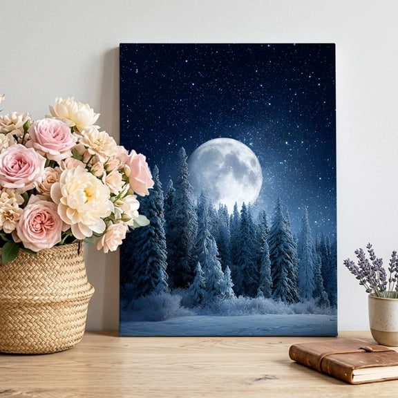 Canvas Wall Art Winter Moon Canvas Art Print Starry Night Nature Forest Landscapes Pictures Wall Decor for Living Room Bedroom Artwork Decorations Stretched Framed Ready to Hang 20"x30"