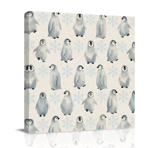 Canvas Wall Art, Winter Penguins Framed Canvas Prints for Bathroom Desk, Farmhouse Nature Snowflake Cute Animals Small Gallery Wrapped Wall Decor for Home Office, Gifts, 8"x8" Ship Next Day