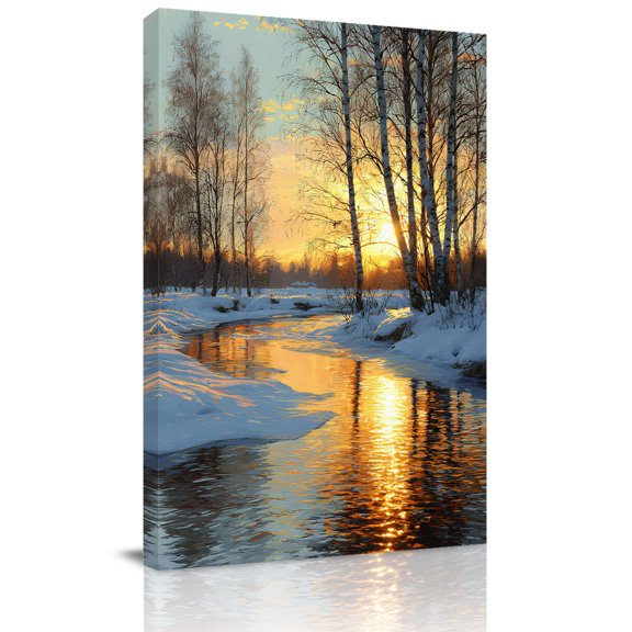 Canvas Wall Art, Winter Sunset Framed Canvas Prints for Bathroom Hallway, Nature Forest Snow Landscapes Small Gallery Wrapped Wall Decor for Home Office, Gifts, 8"x10" Ship Next Day