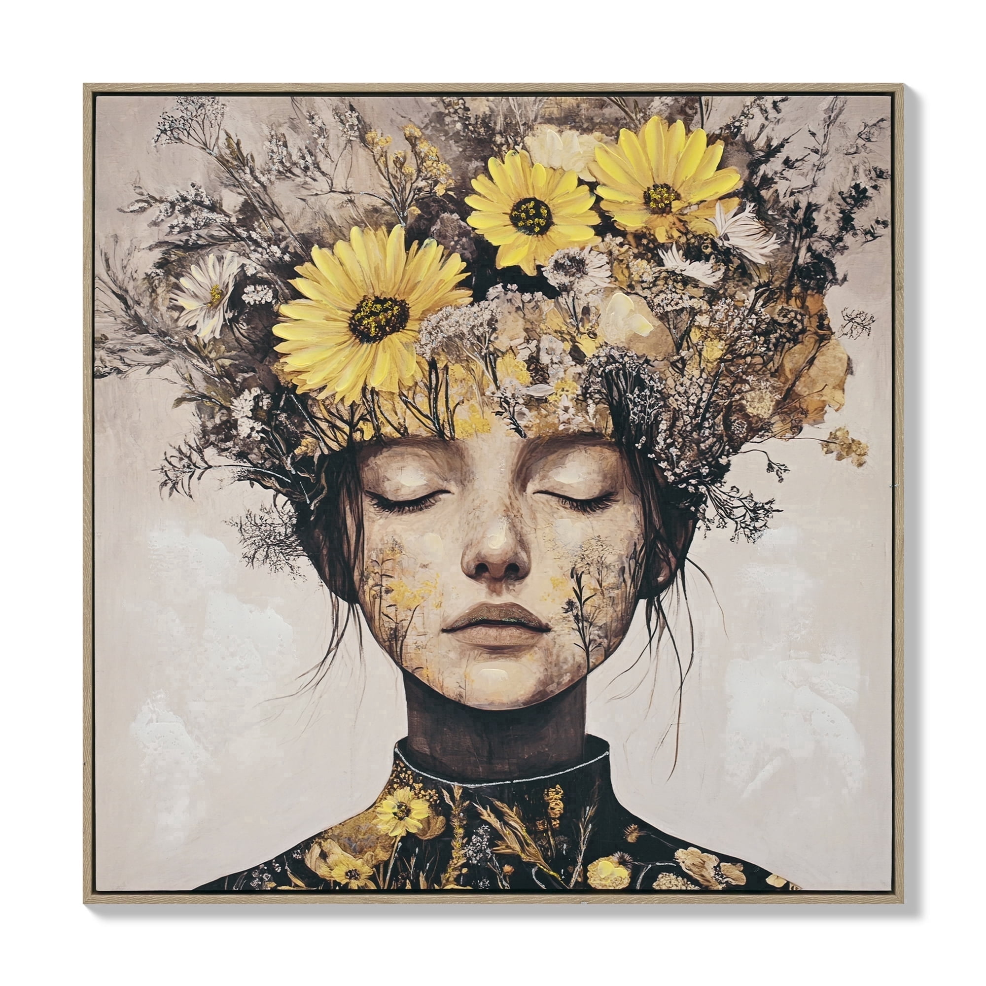 YIQMI Sunflower Portrait Canvas Wall Art 24x24 inches Woman with Floral ...