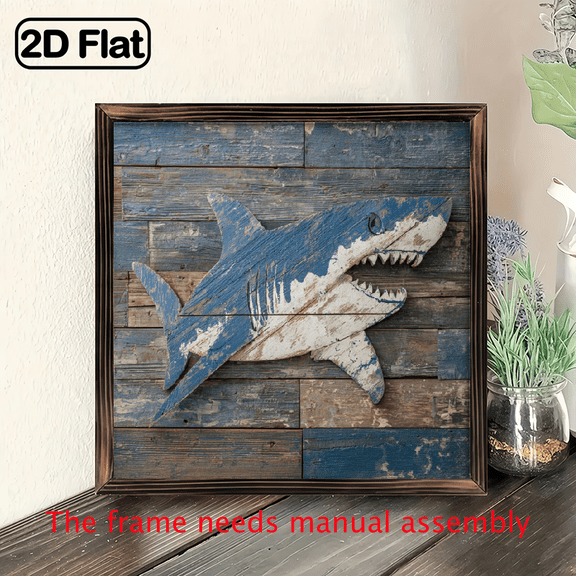 Canvas Wall Art Wooden Shark Modern Abstract Painting 8x8 inch Framed Picture Living Room Bedroom Office Home Decoration High Quality Print on Canvas.wooden framed painting