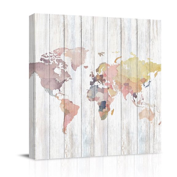 Canvas Wall Art, World Map Framed Canvas Prints for Bedroom Office, Farmhouse Abstract Illustration Wooden Grain Large Gallery Wrapped Wall Decor for Home Office, Gifts, 16"x16" Ship Next Day
