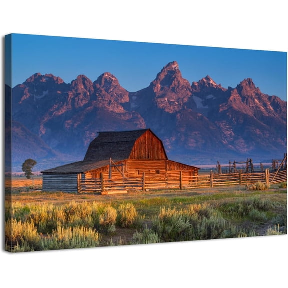 Canvas Wall Art, Wyoming Rustic Barn with Mountain Print, Western Farmhouse Artwork for Living Room Bedroom Cabin Decor, Ready to Hang