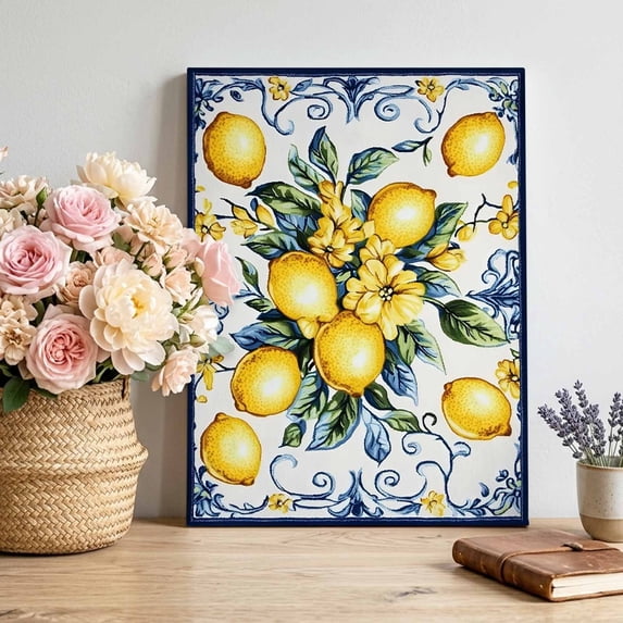 Canvas Wall Art Yellow Lemon Canvas Art Print Watercolor Fruit Vintage Flower Leaf Blue Pictures Wall Decor for Living Room Bedroom Artwork Decorations Stretched Framed Ready to Hang 12"x18"