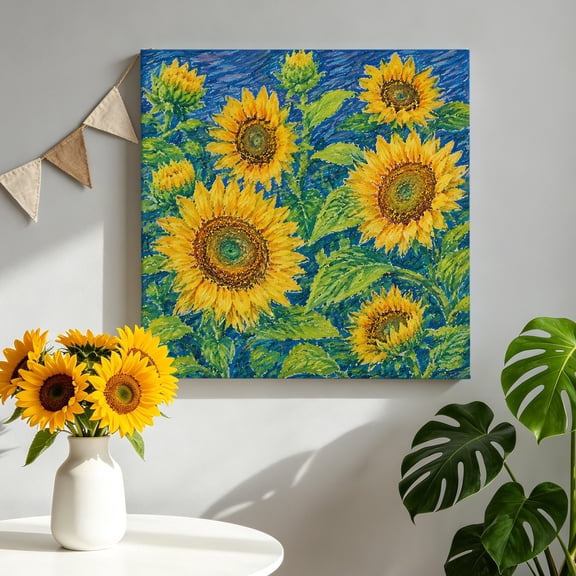 Canvas Wall Art Yellow Sunflower Canvas Art Print Summer Golden Petals Rustic Floral Oil Painting Style Pictures Wall Decor for Living Room Artwork Decorations Stretched Framed Ready to Hang 8"x8"