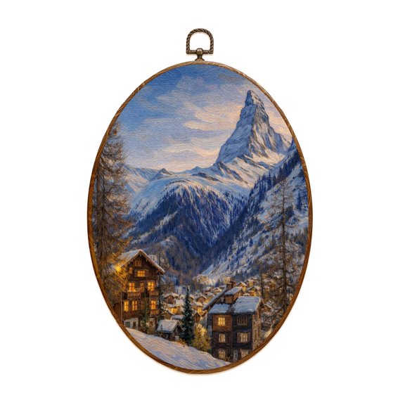 Canvas Wall Art Zermatt town Matterhorn peak Switzerland afternoon Oval Framed Canvas Prints Vintage Wall Hanging Decor for Home Bathroom Decorations Gift for Mom Women 8.6"x11.4"