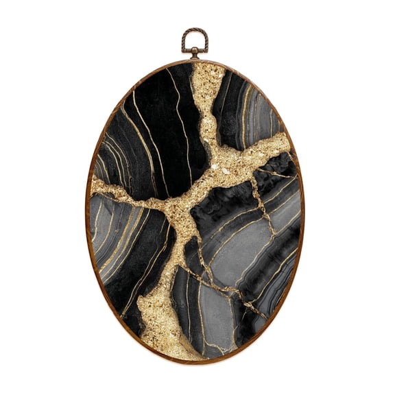 Canvas Wall Art abstract black marble agate mosaic golden veins japanese kintsugi technique fake painted Oval Framed Canvas Prints Vintage Wall Hanging Decor for Home Decorations 8.6"x11.4"