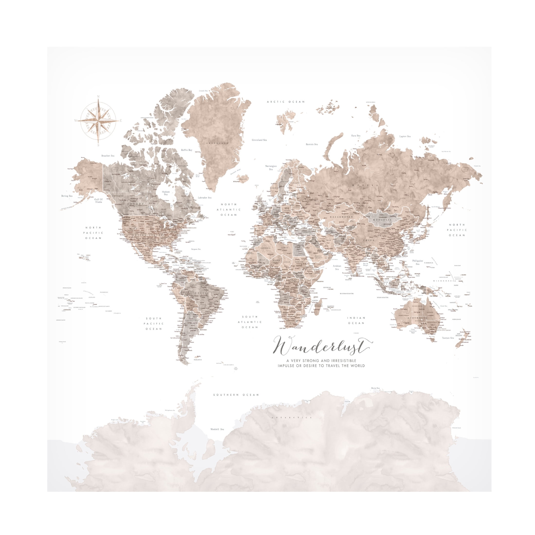 Canvas Wall Art - blursbyai 'Abby Wanderlust Watercolor Detailed World Map' Wall Art for Living Room, Bedroom, or Office Décor by Trademark Fine Art - 18 x 18 Inches