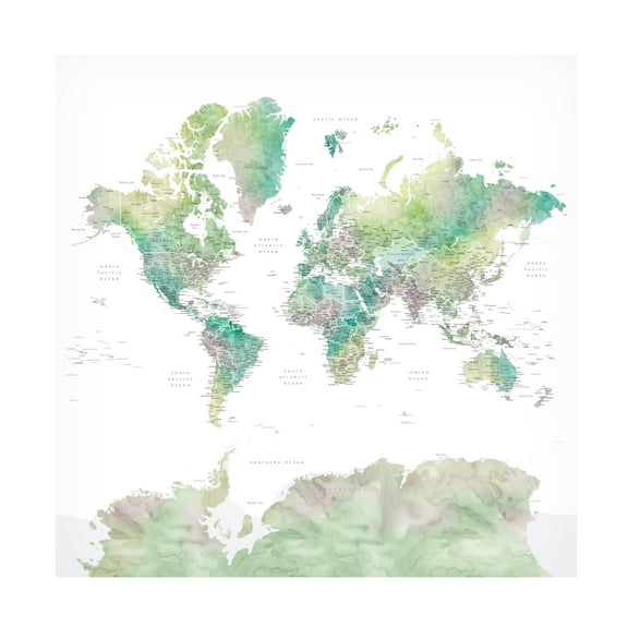Canvas Wall Art - blursbyai 'Oriole Detailed Watercolor World Map' Wall Art for Living Room, Bedroom, or Office Décor by Trademark Fine Art - 14 x 14 Inches