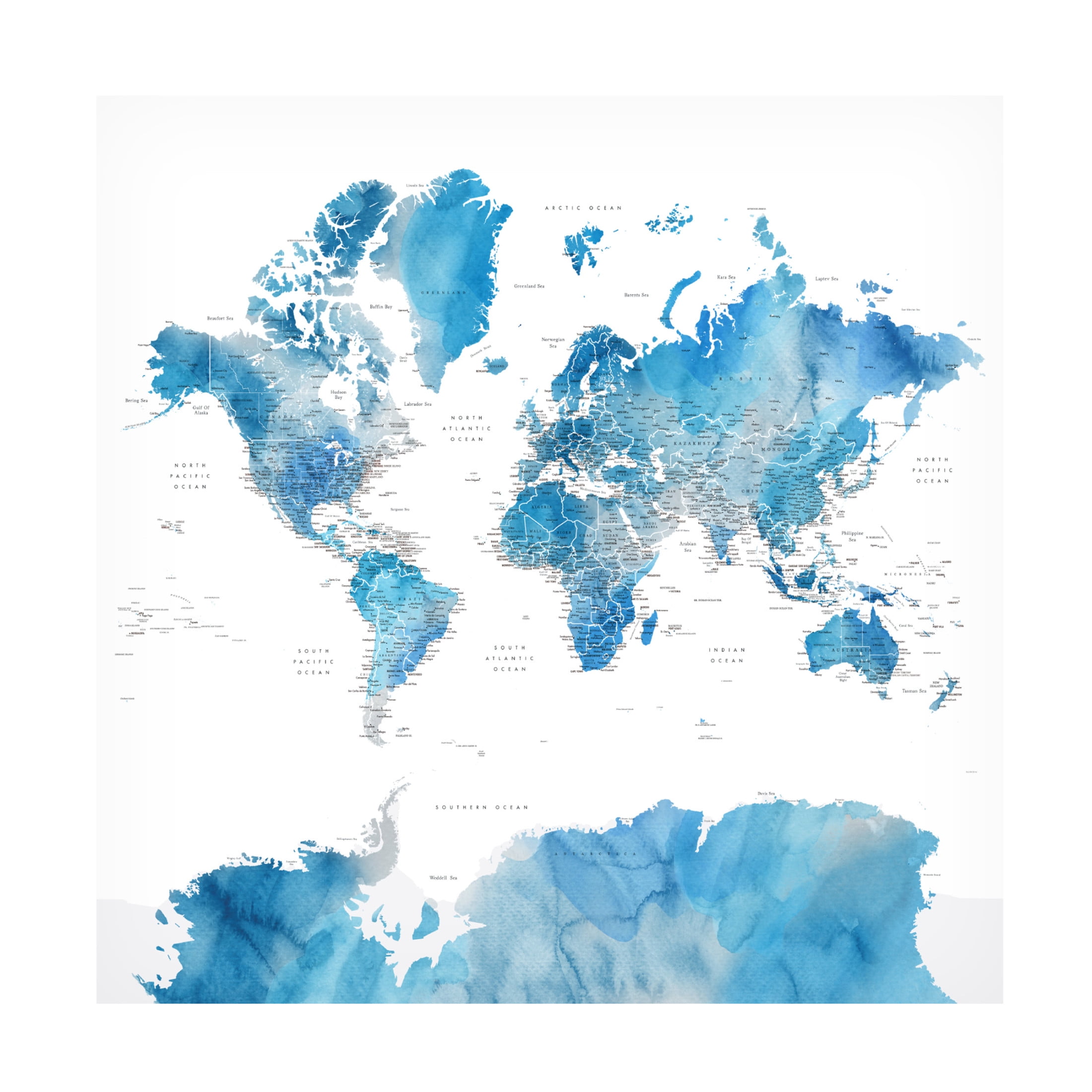 Canvas Wall Art - blursbyai 'Raleigh Detailed Watercolor World Map' Wall Art for Living Room, Bedroom, or Office Décor by Trademark Fine Art - 14 x 14 Inches