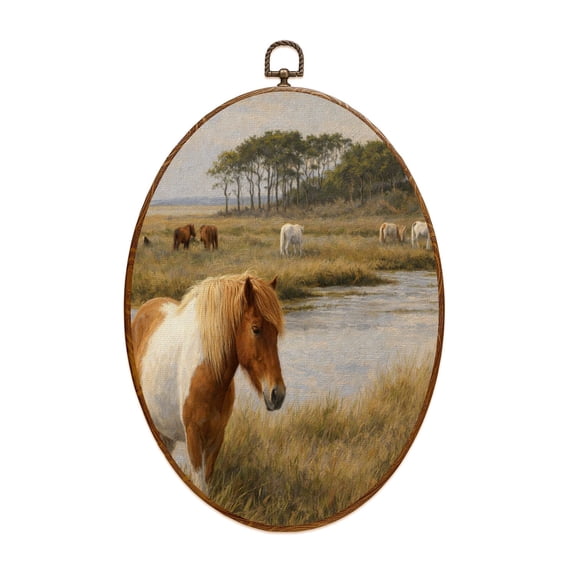 Canvas Wall Art chincoteague ponies grazing horse seas Oval Framed Canvas Prints Vintage Wall Hanging Decor for Home Bathroom Decorations Gift for Mom Women 8.6"x11.4"
