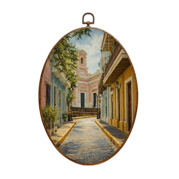 Canvas Wall Art colorful street old san juan puerto town scenery Oval Framed Canvas Prints Vintage Wall Hanging Decor for Home Bathroom Decorations Gift for Mom Women 8.6"x11.4"