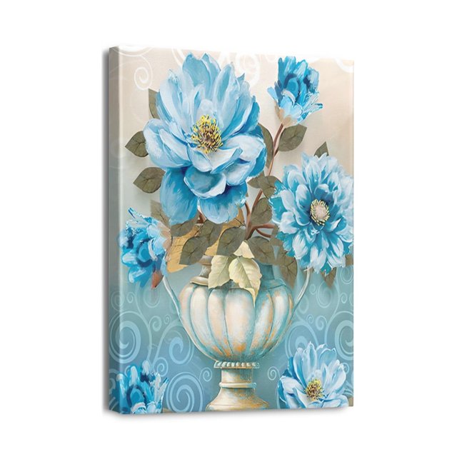 Canvas Wall Art for Living Room Blue Still Life Flowers Vintage (4