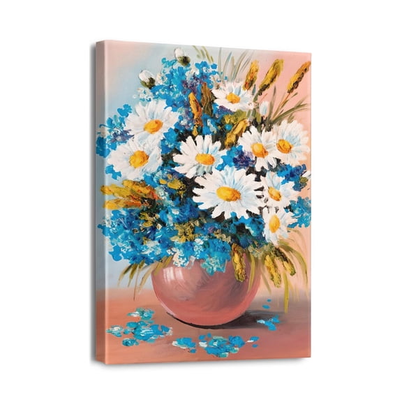 Canvas Wall Art for Living Room Oil Painting Daisy Bule White Floral Wall Decor for Bedroom Bathroom 12×16 Framed Canvas Art Prints Ready To Hang