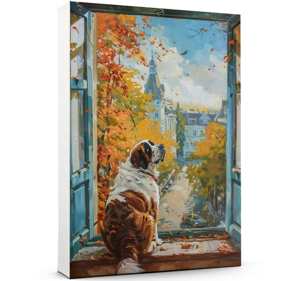 Canvas Wall Art for Living Room - Saint Bernard Dog Poster Print Vintage Home Decor Pets Oil Painting Autumn Room Decor