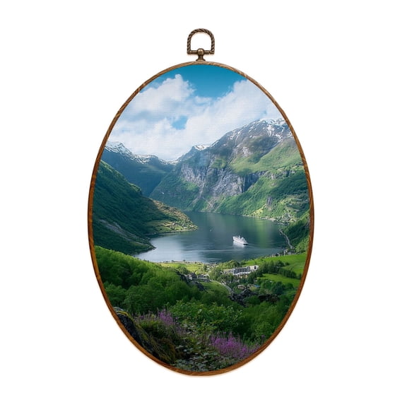 Canvas Wall Art geiranger fjord norway scandinavian mountains pictures Oval Framed Canvas Prints Vintage Wall Hanging Decor for Home Decorations 8.6"x11.4"
