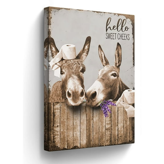 Canvas Wall Art  poster Donkey Pictures for Bathroom Decor - Funny Farmhouse Painting Toilet Prints - Rustic Animals Artwork