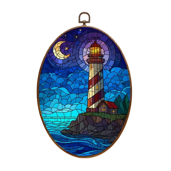 Canvas Wall Art stained glass style lighthouse sea sky moon Oval Framed Canvas Prints Vintage Wall Hanging Decor for Home Decorations 8.6"x11.4"