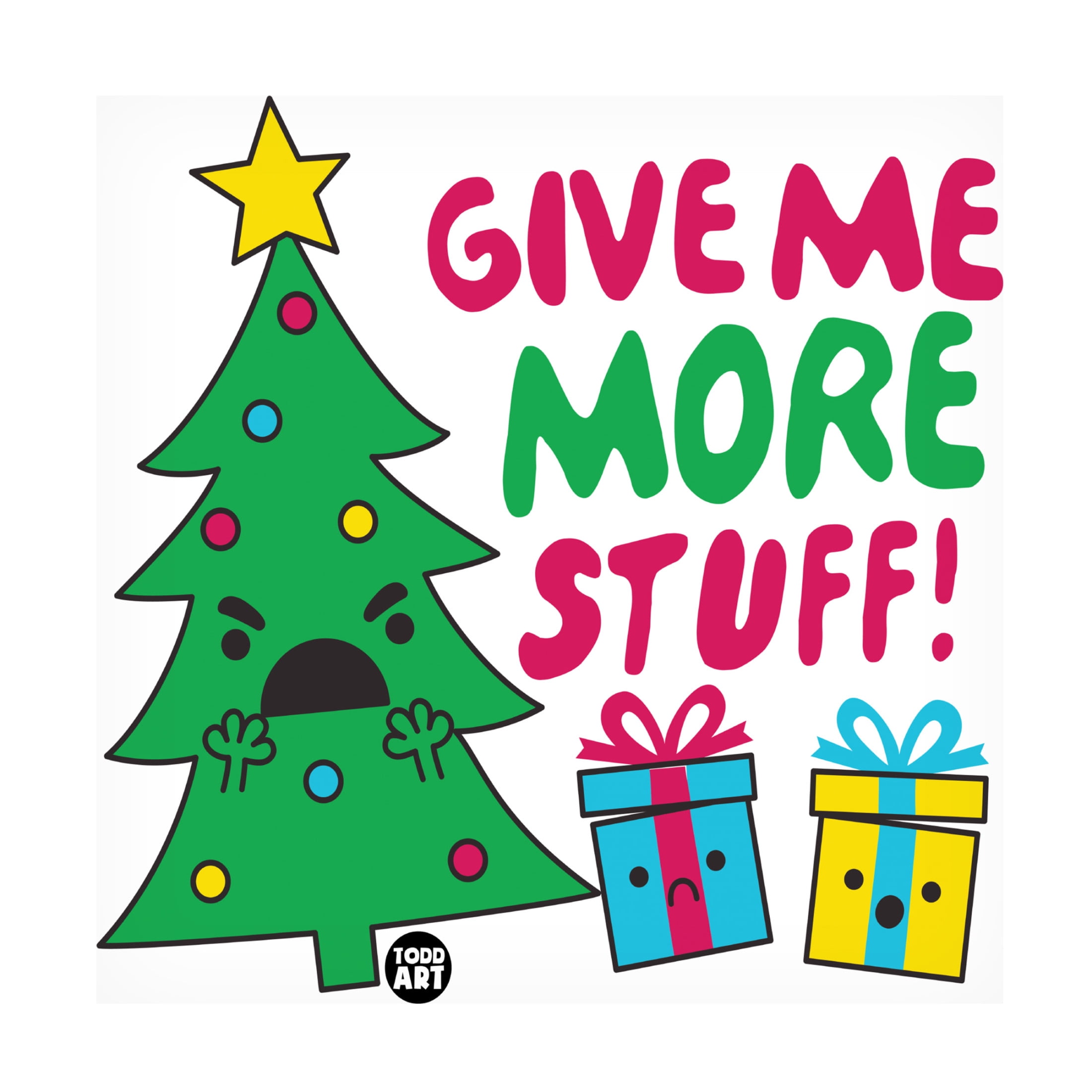 Canvas Wall Art - toddart 'Give Me More Stuff Xmas Tree' Wall Art for Living Room, Bedroom, or Office Décor by Trademark Fine Art - 18 x 18 Inches