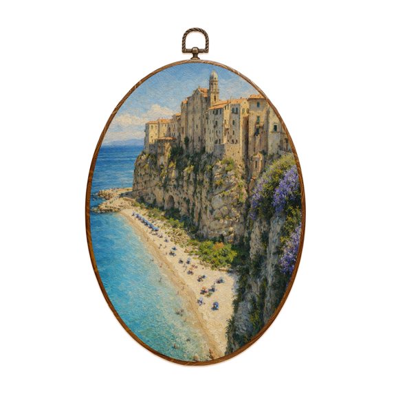 Canvas Wall Art tropea panoramic view calabria italy seashore flowers Oval Framed Canvas Prints Vintage Wall Hanging Decor for Home Bathroom Decorations Gift for Mom Women 8.6"x11.4"