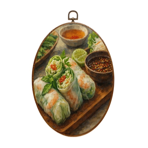 Canvas Wall Art vietnamese shrimp spring rolls traditional food Oval Framed Canvas Prints Vintage Wall Hanging Decor for Home Bathroom Decorations Gift for Mom Women 8.6"x11.4"