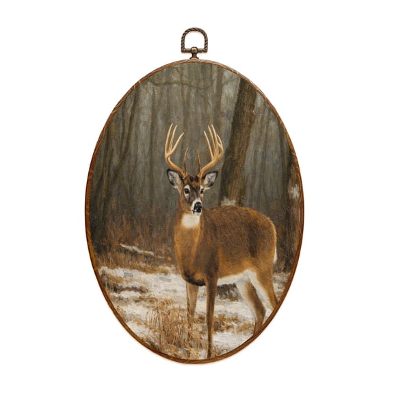 Canvas Wall Art whitetail deer buck standing snow Oval Framed Canvas Prints Vintage Wall Hanging Decor for Home Bathroom Decorations Gift for Mom Women 8.6"x11.4"