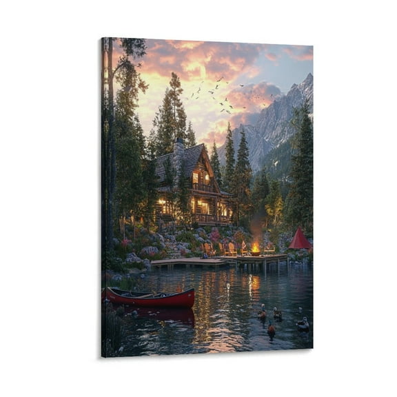 Canvas Wall Decor for Bedroom Beautiful Lakehouse in The Mountains with A Red Canoe Artwork Print Painting Nature Fishing Landscape Canvas Prints for Bathroom Bedroom Farmhouse 8x12inch Framed