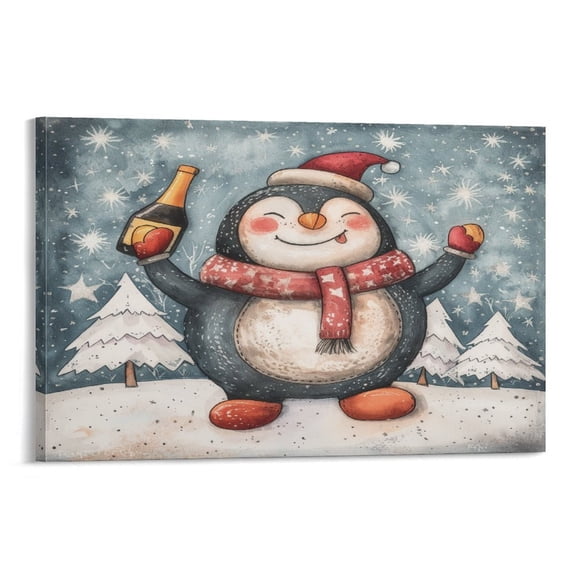 Canvas Wall Decor for Bedroom Cute Penguin in The Snow Canvas Pictures Wall Art Winter Penguin Canvas Print for Modern Home Living Room Bathroom 08x12inch Framed Artwork