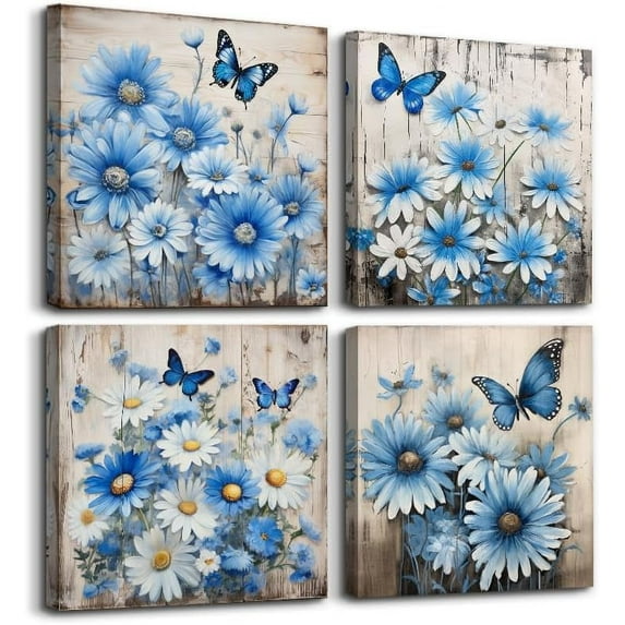 Canvas Wall Decor For Bedroom Room Wall Art For Living Room Abstract Blue Flowers Paintings Wall Artworks Hang Pictures For Office Decoration Posters Prints Art Kitchen Home Decor 4 Piece