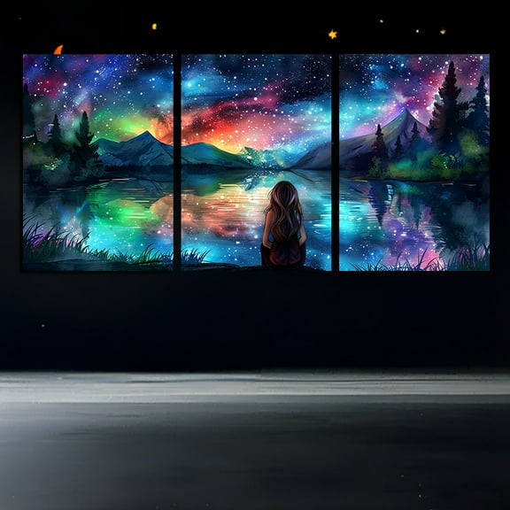 Canvas Wall – Northern Lights Nature Scene and Reflective Lake – Frameless 3-Piece Set, Beautiful Night Sky Wall Decoration for Living Room and Bedroom, Frameless Canvas Painting