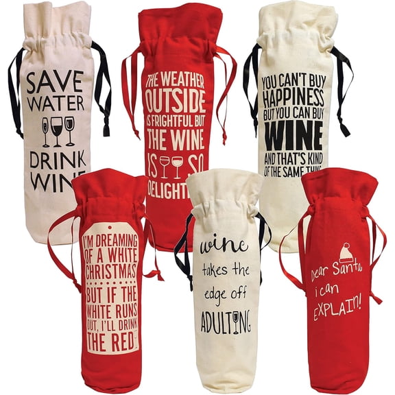 The Beadsmith Canvas Wine Bag Ribbon Drawstring 5.375 x 14 inches Printed with Quote Reusable Wine Bottle Cover for Christmas, Wedding, Birthday, Travel, Holidays, Housewarming
