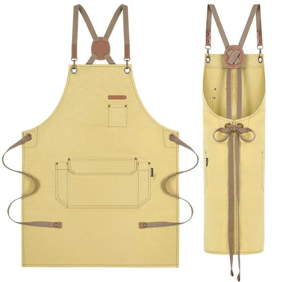 Canvas Work Apron for Artist Bartender Barista Carpenter Gardener Hairstylist, Cross Back Strap Adjustable for Men Women Apron with Pockets, Chef Apron for Kitchen Cooking Baking Grilling -Yellow