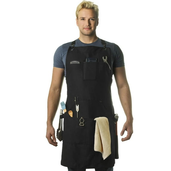 Canvas Work Apron with Multiple Tool Pockets, Professional Kitchen Cooking Baking Apron, Adjustable Chef Gardening Woodworking Apron for Women Men, Black