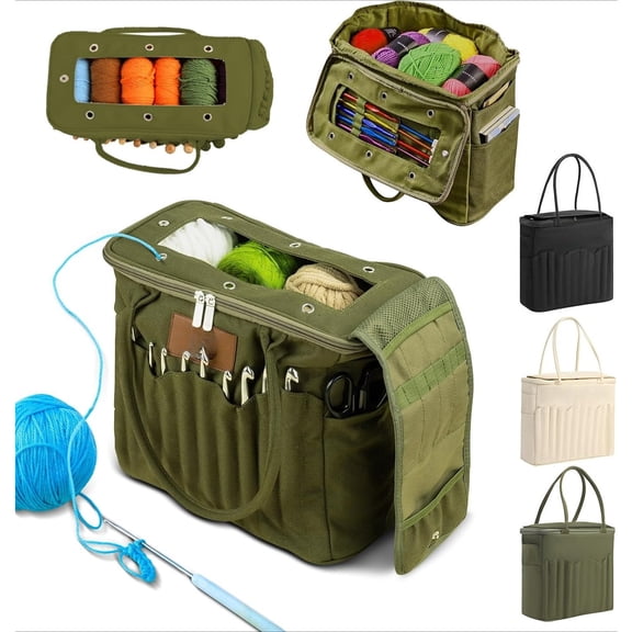 Canvas Yarn Storage Bag, Crochet Organizer Tote, Knitting Project Case with Pockets