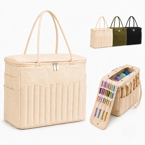 Canvas Yarn Storage Bag, Knitting Bag, Large Crochet Bag | Canvas Crochet Organizer with Multiple Pockets and Yarn Holes for Crochet Lovers, Mom, Grandma, Birthday Gifts