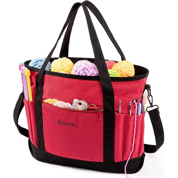 Canvas Yarn Storage Organizer Bag Washable Crochet Bag with Pockets for Yarn, Hooks, - Travel Knitting Tote for Crafters - for Crocheters & Knitters (Medium/Large)