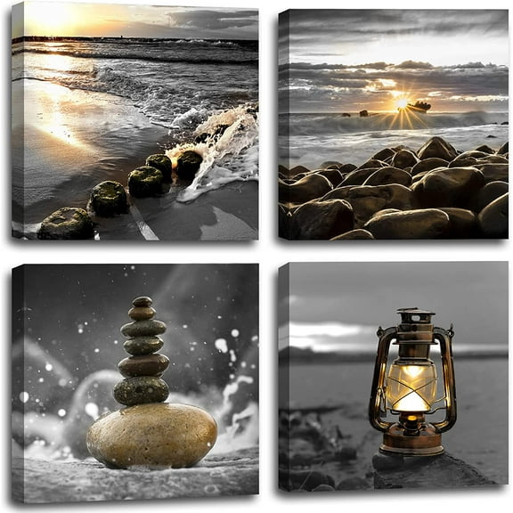 Canvas Zen Décor Black and White Beach Wall Art Ocean Poste Seascape Picture Print Sunset Scenery Painting Artwork for Living Room Wall Décor Bedroom Bathroom Wall Home Decorations Framed