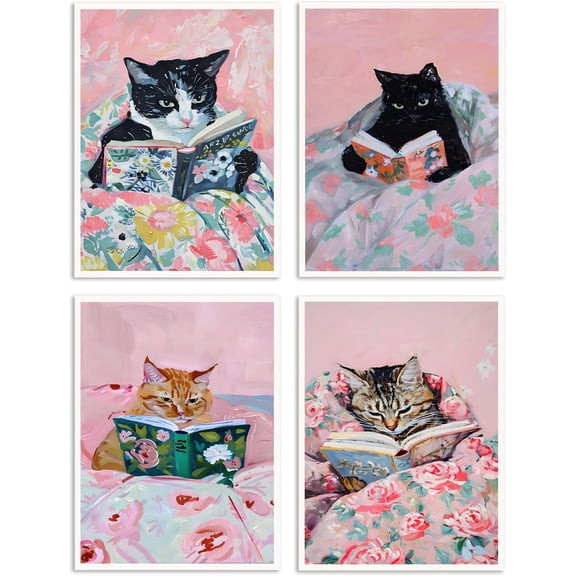 Canvas poster Funny Cat Reading Book Wall Art Posters, Vintage Cat Aesthetic for Bedroom Room Decor 8x10 inch Unframed