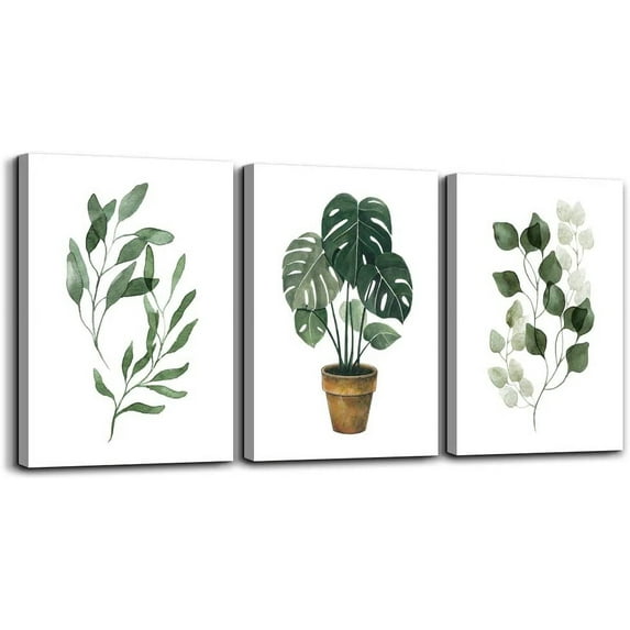 Canvas wall art for bedroom bathroom wall decor modern style Green leaves plants Watercolor painting 12" x 16" 3 Pieces posters Canvas Prints for living room kitchen Home Decoration mural