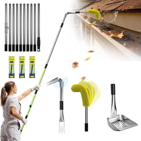 Canvcle 13 FT Gutter Cleaning Tools with 180° Swivel Head,Adjustable Gutter Cleaner with Bendable Angled Brushes & Grip Tapes & Cleaning Shovel for Cleaning Leaves and Debris From The Ground,Yellow