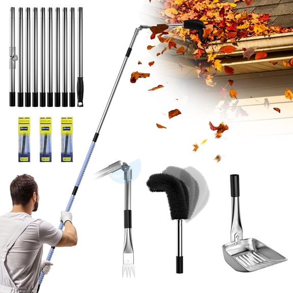 Canvcle 13 FT Gutter Cleaning Tools with 180° Swivel Head,Adjustable Gutter Cleaner with Bendable Angled Brushes & Grip Tapes & Cleaning Shovel for Cleaning Leaves and Debris From The Ground,Black