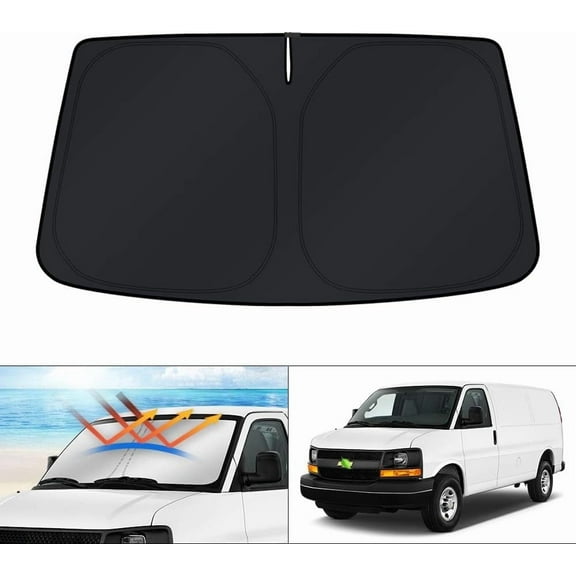 Canvcle Custom Fit Windshield Sun Shade for 1996-2025 Chevrolet Express Accessories Cargo Van Sunshade Chevy Express Sun Visor Protector Foldable Blocks UV Rays