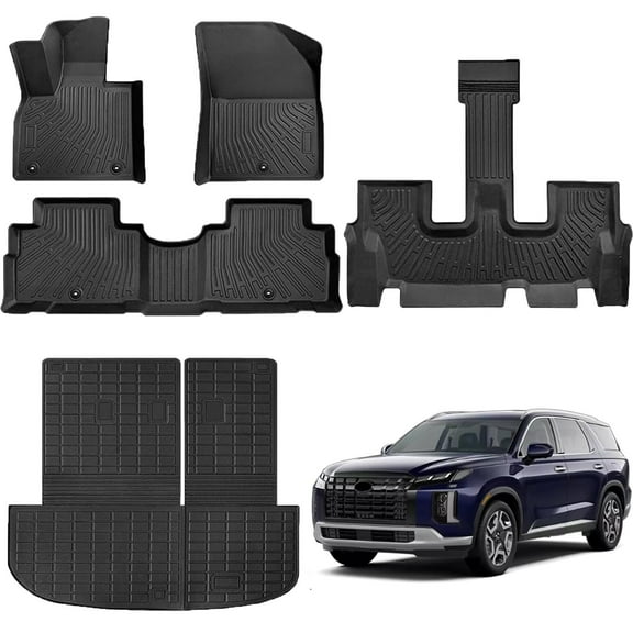 Canvcle Floor Mats Custom Fit for Hyundai Palisade 2020-2024 All Weather Trunk Mat with Back Seat Protector for Palisade Accessories, TPE Floor Liner Cargo Mat, Full Set Car Mats High Edges