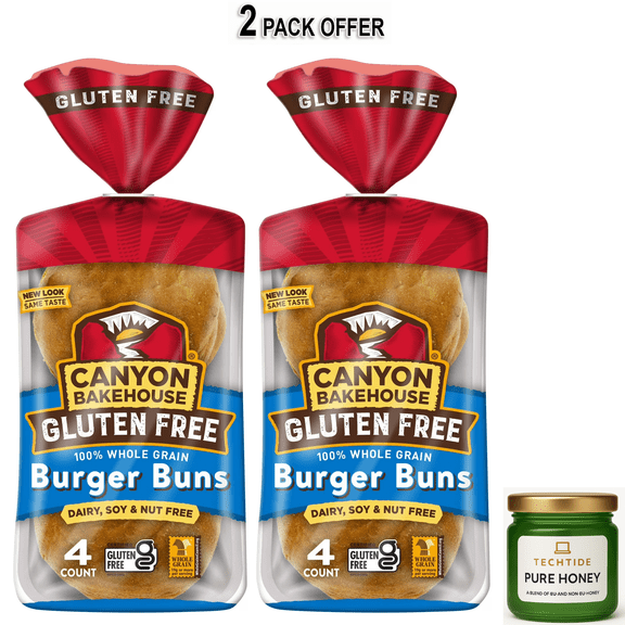 Canyon Bakehouse Burger Buns, Gluten Free Hamburger Buns, 100% Whole Grain, Fresh, 4 Count, Shelf-Stable
