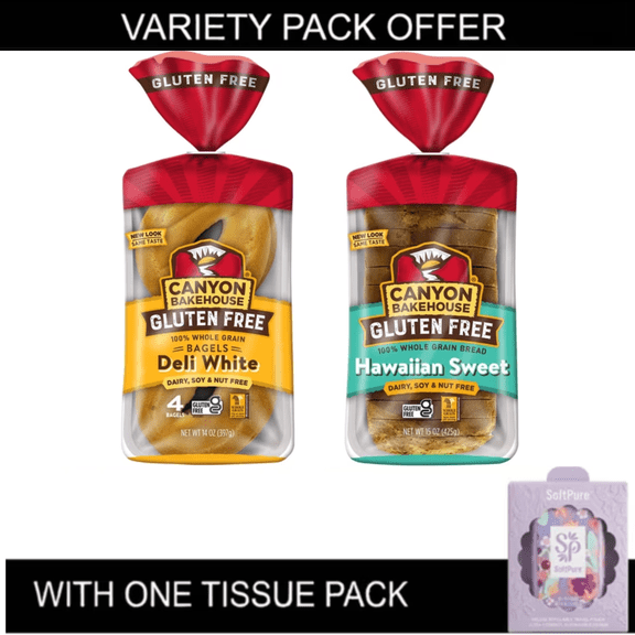 Canyon Bakehouse Gluten Free Variety Pack, Deli White Bagels & Hawaiian Sweet Sandwich Bread + 1 Tissue Pack