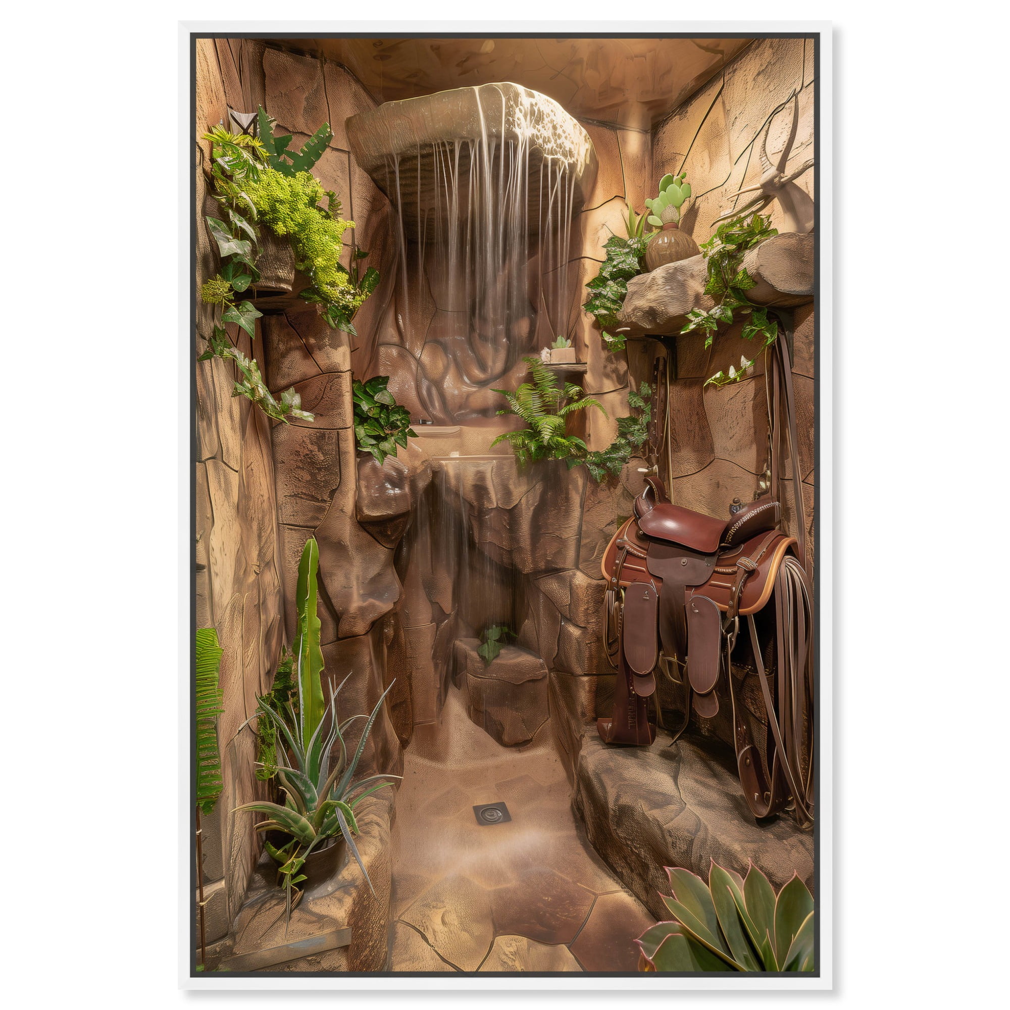 Rustic Canyon Jungle Bathroom Canvas Art with White Frame