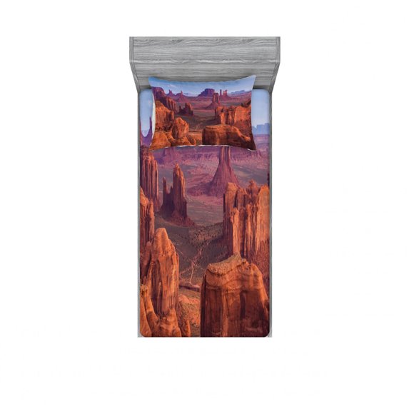 Canyon Bedding Set with Sheet & Covers, View of Deep Canyon with Different Scaled Length Red Rocks Discovery Artwork Theme, Printed Bedroom Decor 2 Shams, 4 Sizes, Brown Blue, by Ambesonne