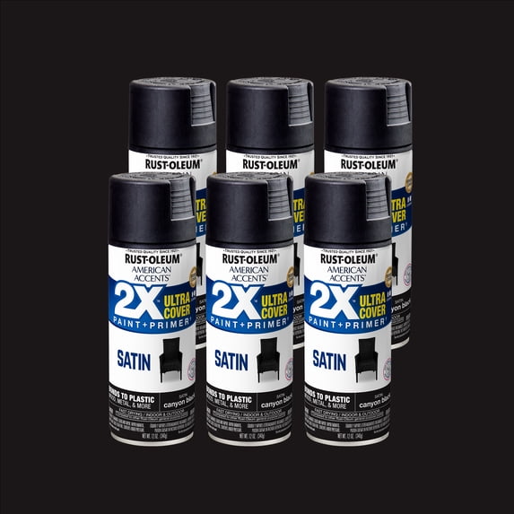 6 Pack, Canyon Black Rust-Oleum American Accents 2X Ultra Cover Satin Spray Paint-327916, 12 oz