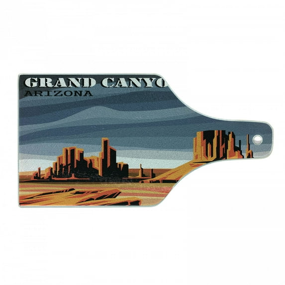 Canyon Cutting Board, Major Canyon Shadows and Contrasts with Digital Added Dimesions Print, Decorative Tempered Glass Cutting and Serving Board, Wine Bottle Shape, Blue Orange, by Ambesonne