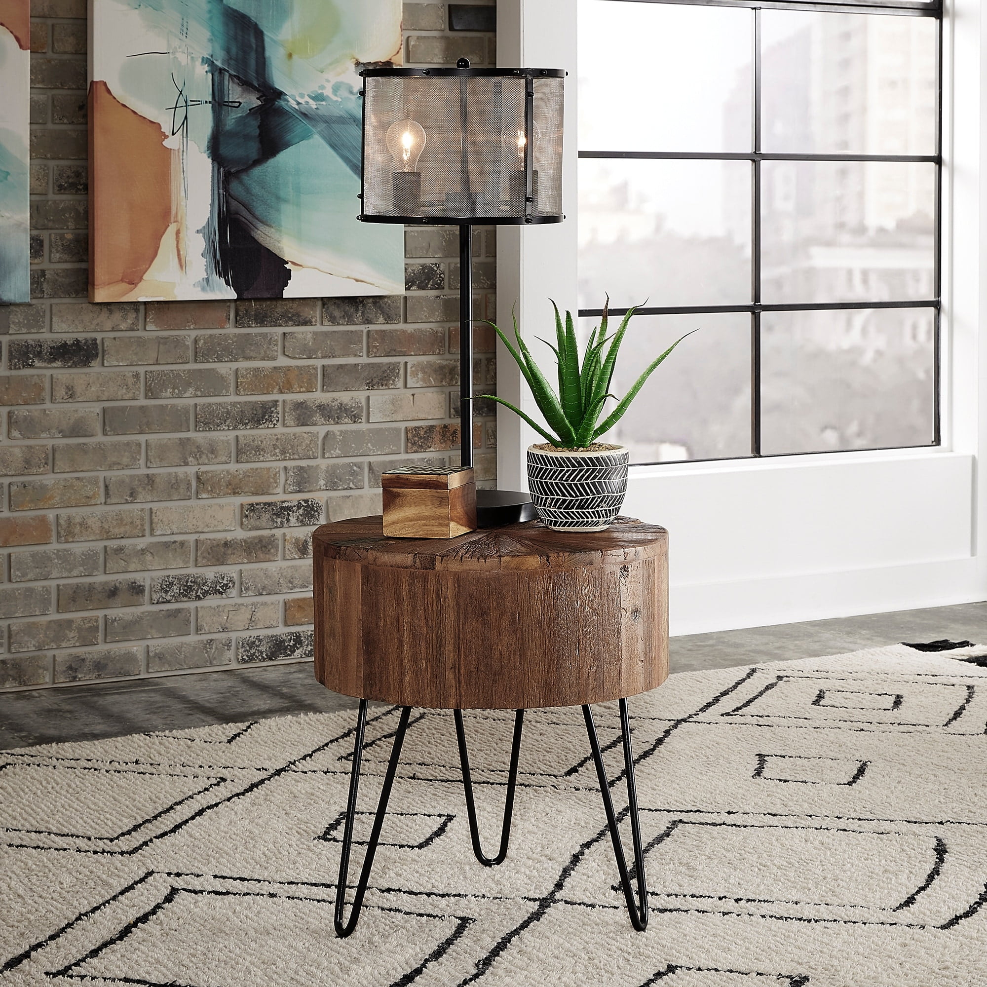 Canyon Round Brown Wood and Metal Accent Table
